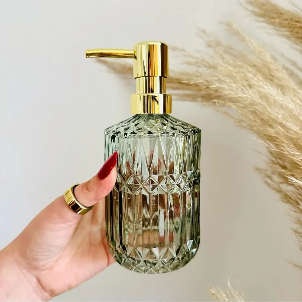 NEW West Elm Gold Green Vintage Etched Glass MidCentury Modern Soap Dispenser